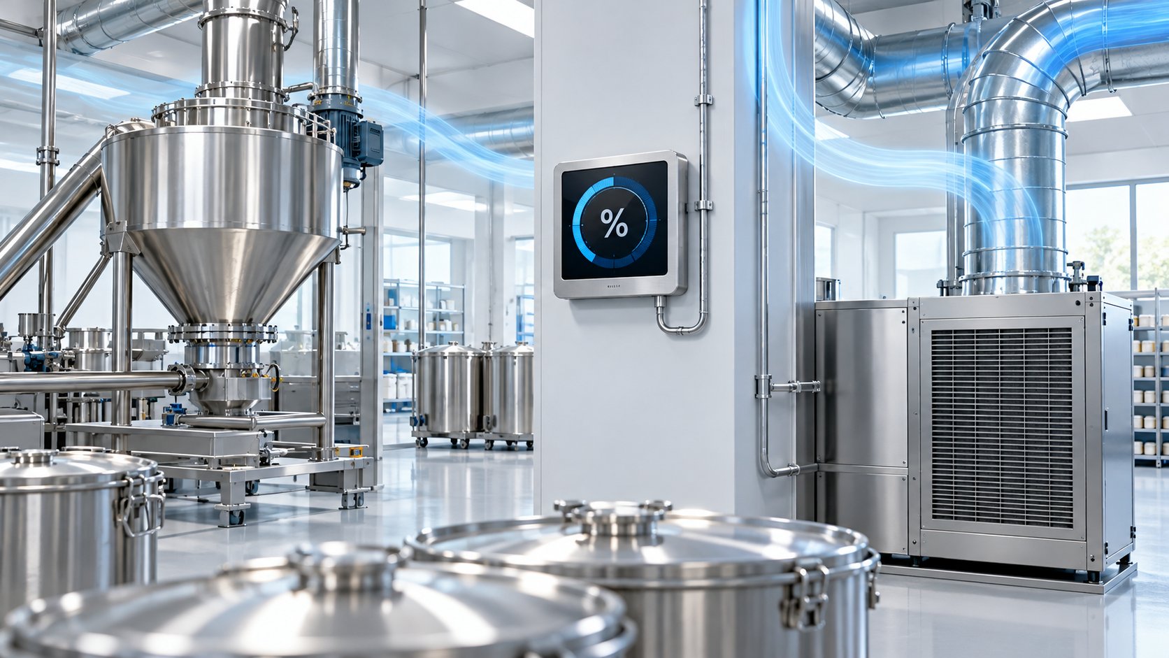 Sistema di deumidificazione e controllo dell'umidità relativa in una sala di lavorazione di polveri per integratori