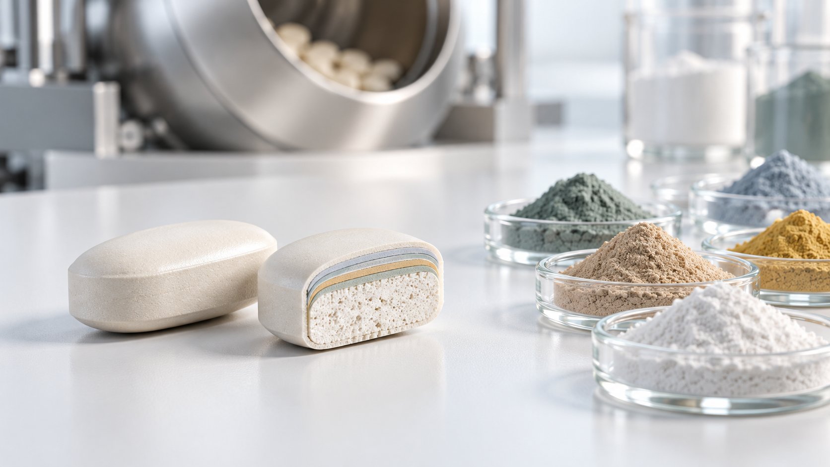 Compresse rivestite e sezione illustrativa di uno strato di film coating come alternativa tecnica all'E171 negli integratori