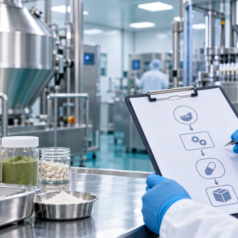 Produzione generica di integratori in polvere e capsule con verifica illustrativa del flusso HACCP