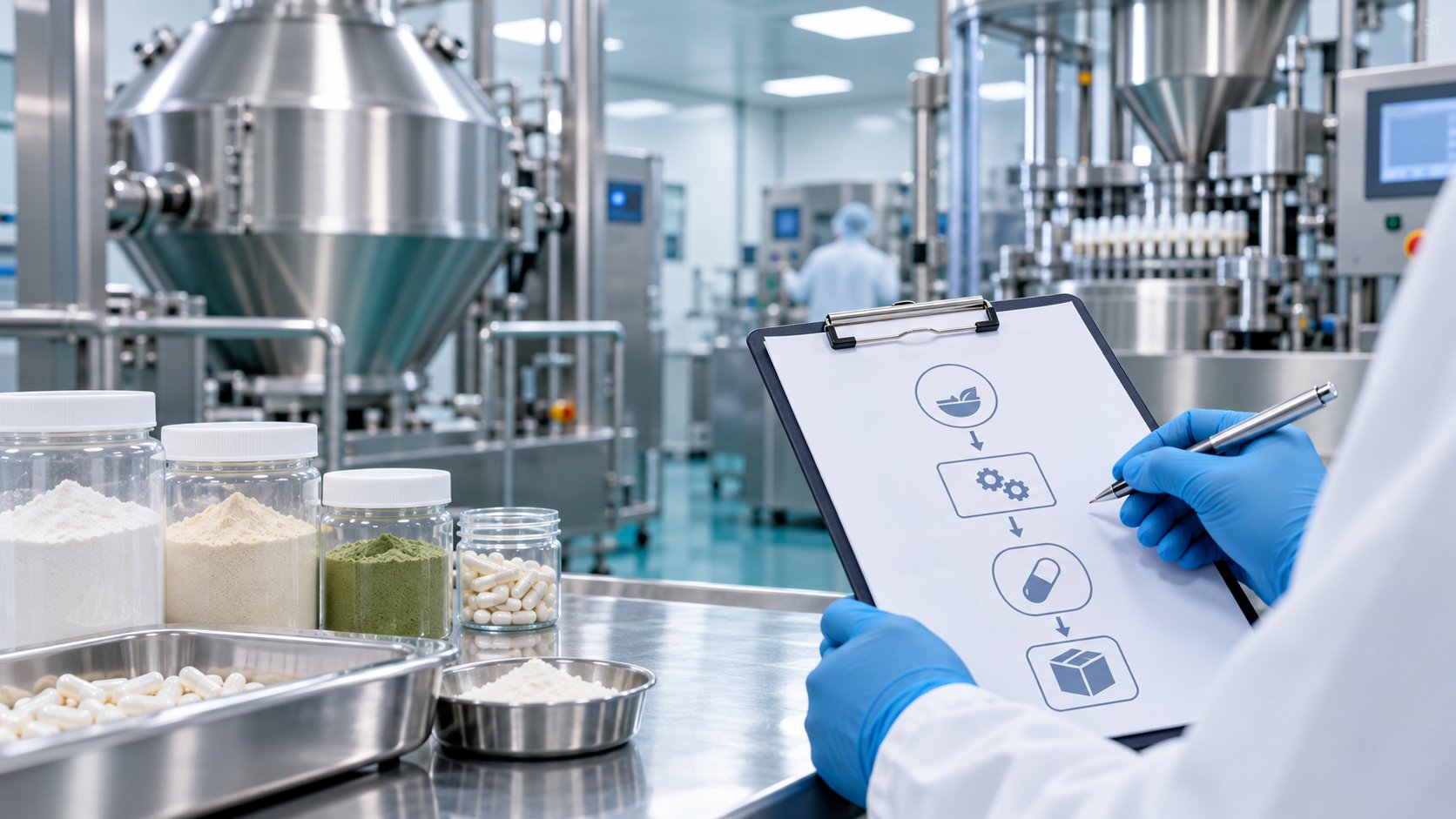 Produzione generica di integratori in polvere e capsule con verifica illustrativa del flusso HACCP