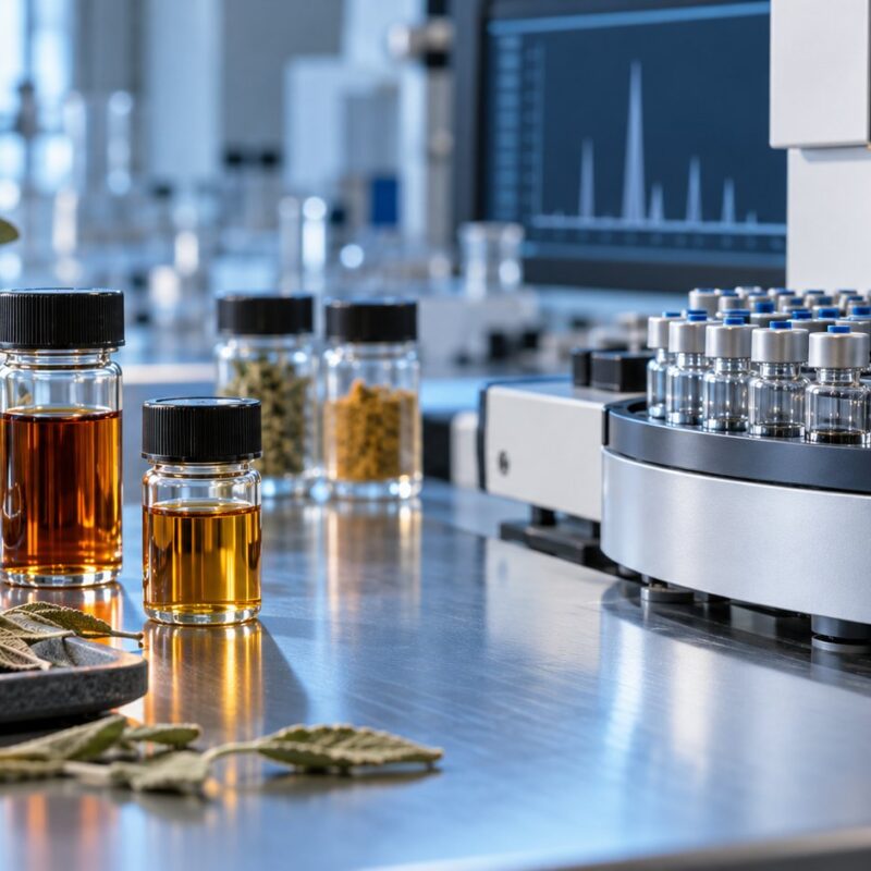 Campioni di estratti botanici e provette in un laboratorio per la determinazione degli idrocarburi policiclici aromatici