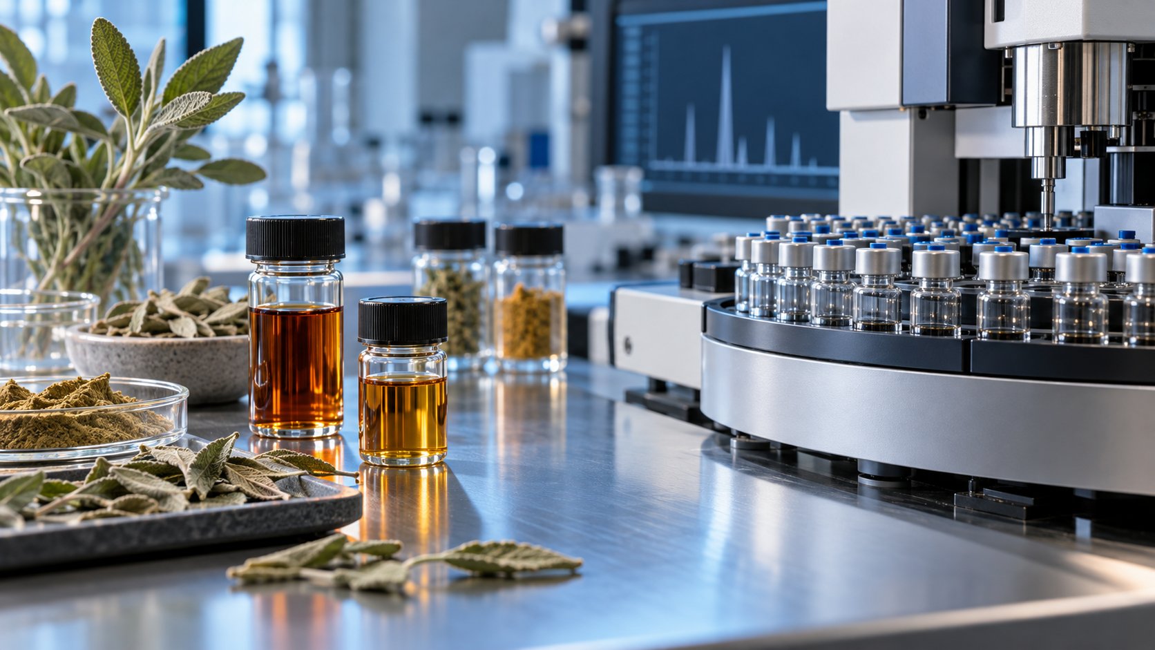 Campioni di estratti botanici e provette in un laboratorio per la determinazione degli idrocarburi policiclici aromatici