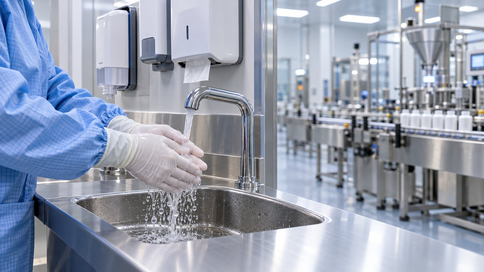 Postazione di lavaggio delle mani all'ingresso di un'area produttiva per integratori alimentari