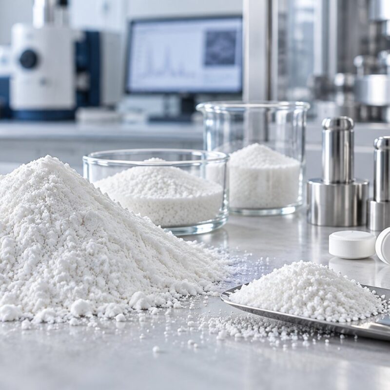 Cellulosa microcristallina in polvere accanto a punzoni e compresse durante la formulazione di un integratore alimentare