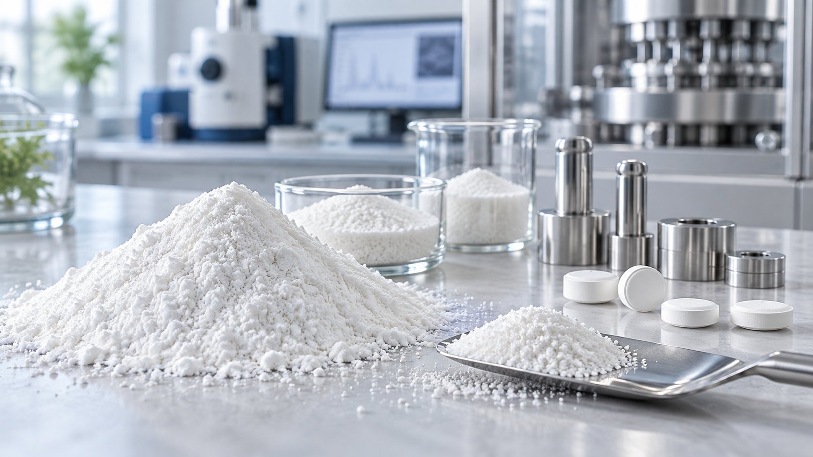Cellulosa microcristallina in polvere accanto a punzoni e compresse durante la formulazione di un integratore alimentare