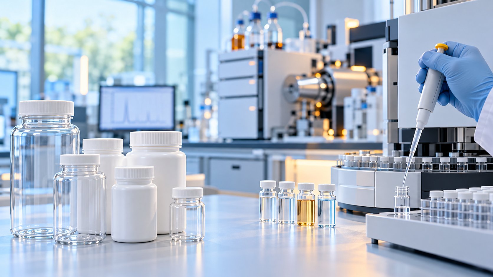 Test di migrazione su flaconi in plastica per integratori con simulanti alimentari e strumenti analitici di laboratorio