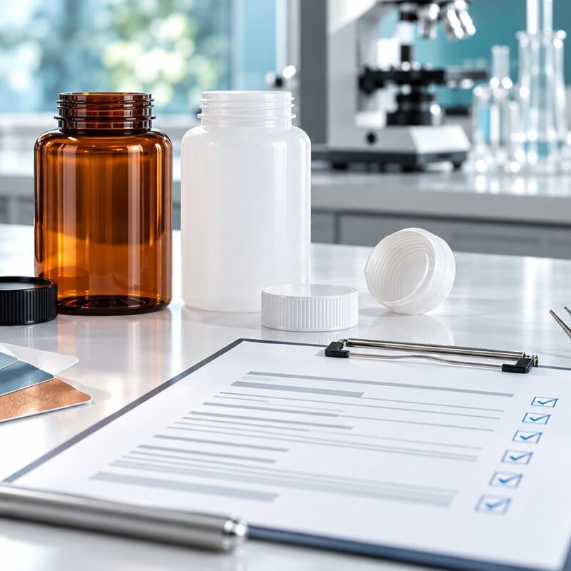 Flaconi vuoti per integratori e documentazione tecnica MOCA esaminati in laboratorio di controllo qualità