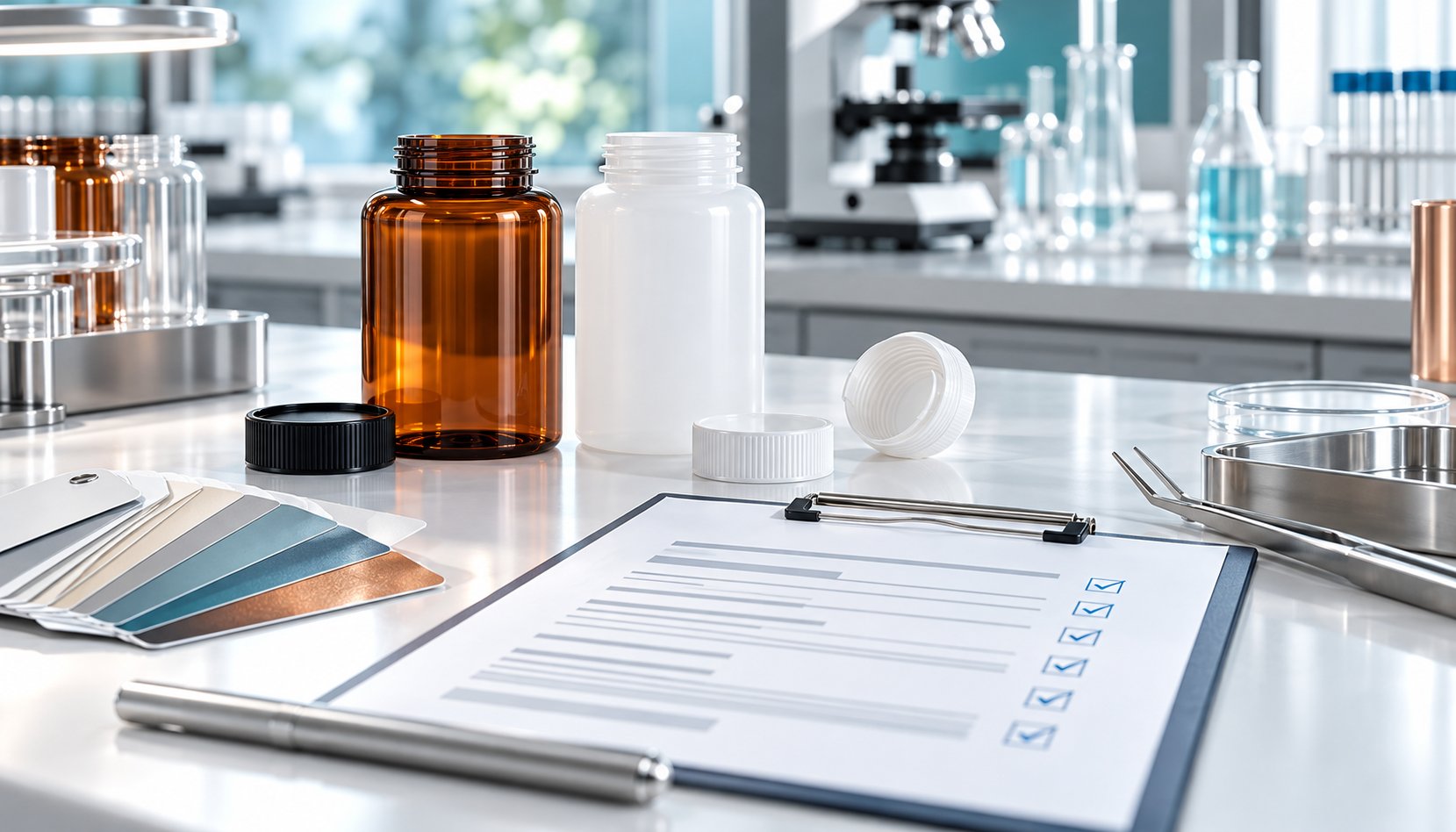 Flaconi vuoti per integratori e documentazione tecnica MOCA esaminati in laboratorio di controllo qualità