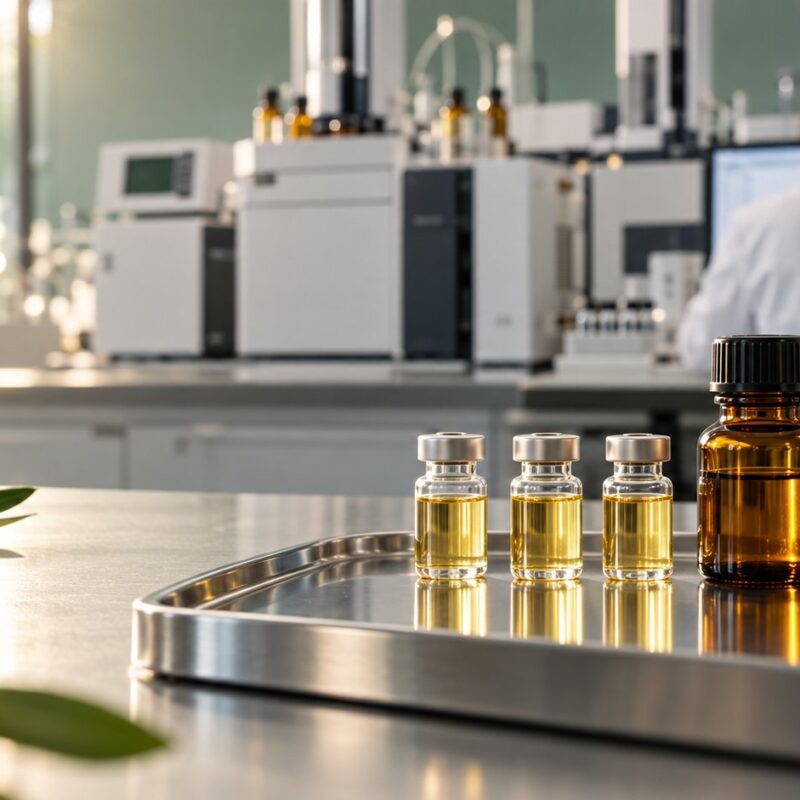 Campioni di olio vegetale dorato e strumentazione di cromatografia per analisi MOSH e MOAH negli integratori oleosi