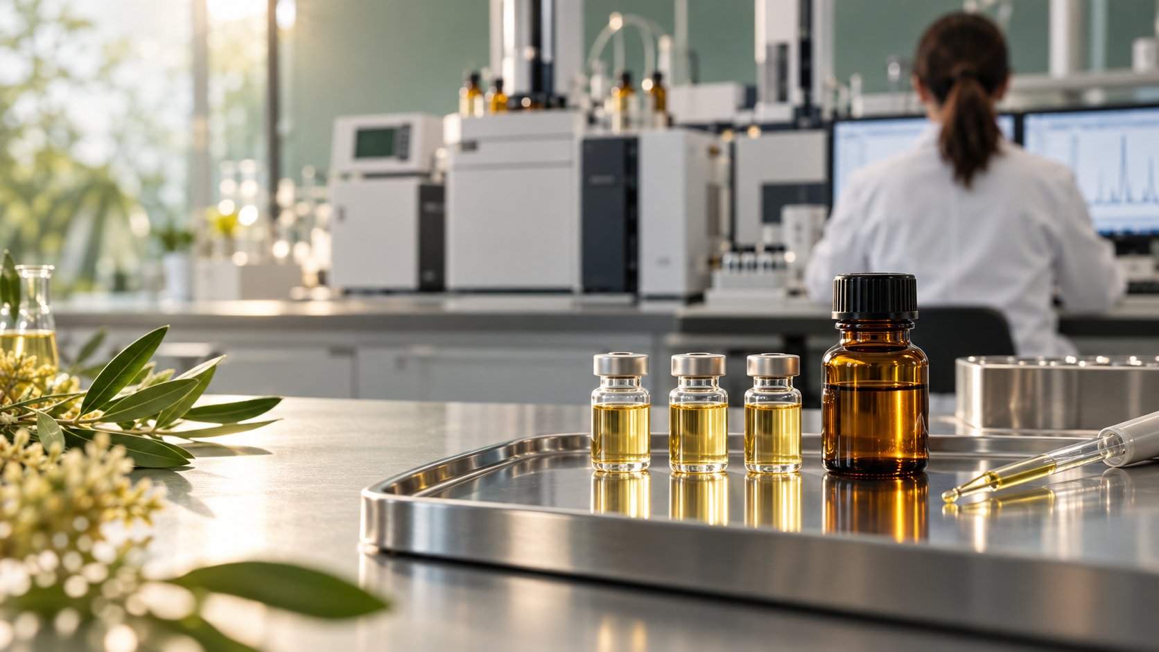 Campioni di olio vegetale dorato e strumentazione di cromatografia per analisi MOSH e MOAH negli integratori oleosi