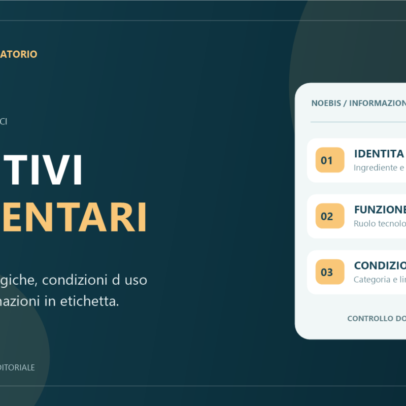 Infografica Noebis Pharma sugli additivi alimentari: identità, funzione tecnologica e condizioni d'uso negli integratori