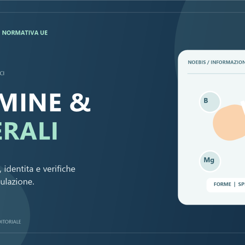 Copertina editoriale Noebis Pharma con capsula illustrata, vitamine B e C e minerali magnesio e zinco