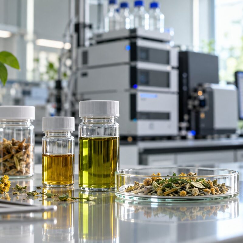 Campioni di estratti botanici e laboratorio cromatografico per l'analisi degli alcaloidi pirrolizidinici negli integratori