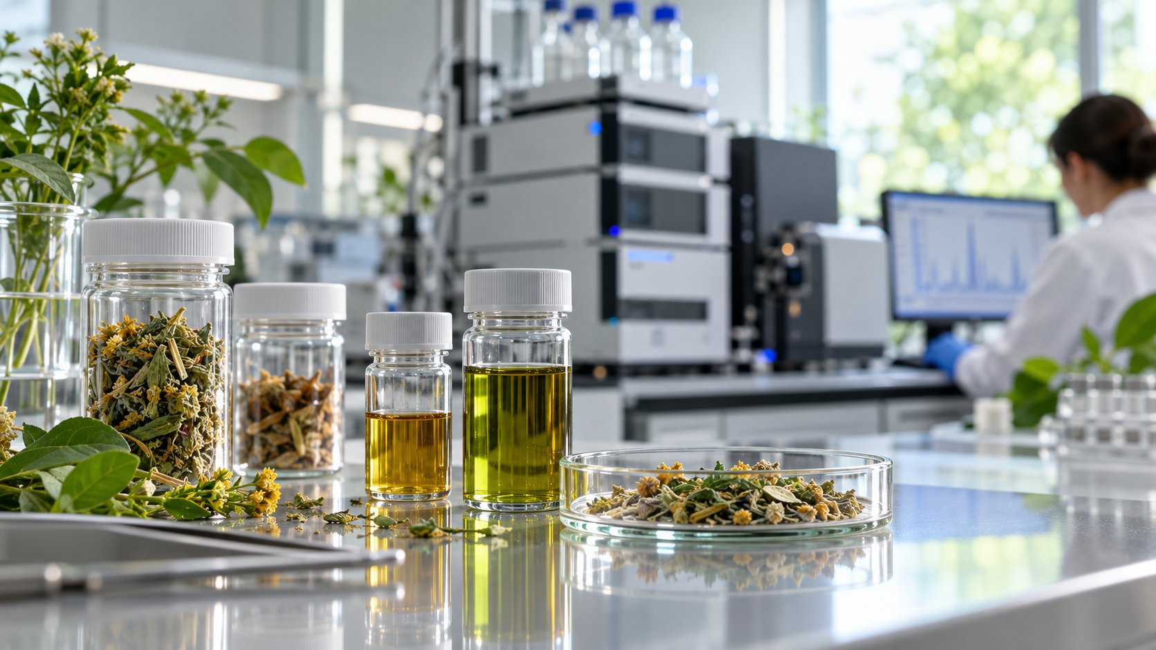 Campioni di estratti botanici e laboratorio cromatografico per l'analisi degli alcaloidi pirrolizidinici negli integratori
