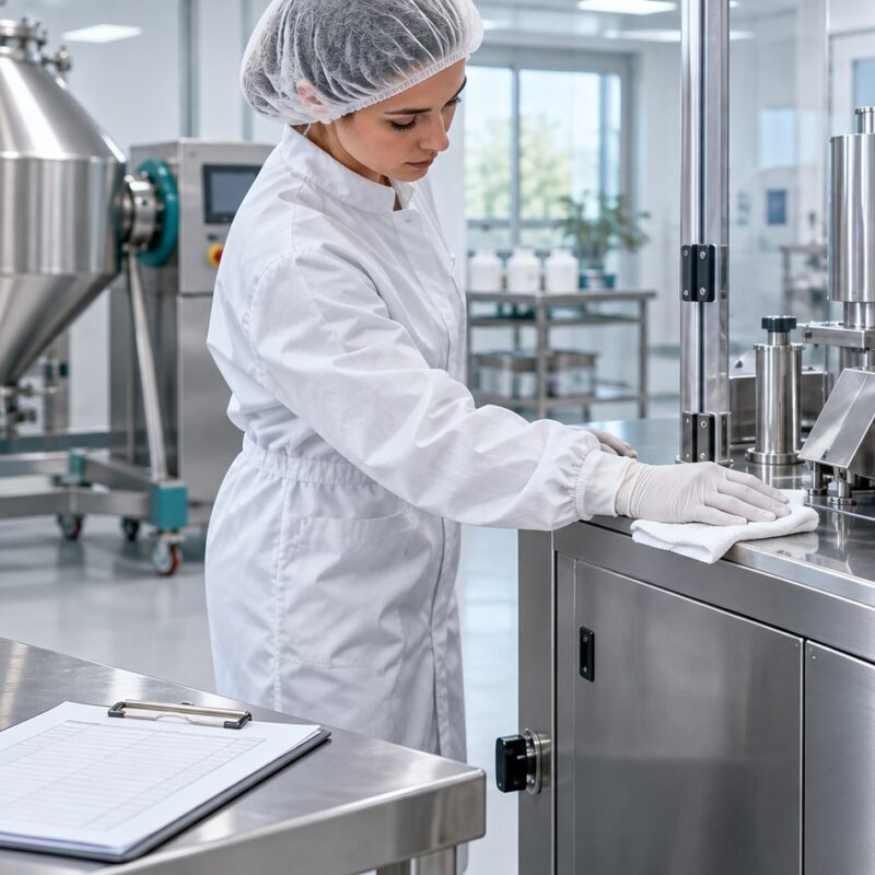 Operatrice addetta alla sanificazione di una linea in acciaio per la produzione di integratori alimentari