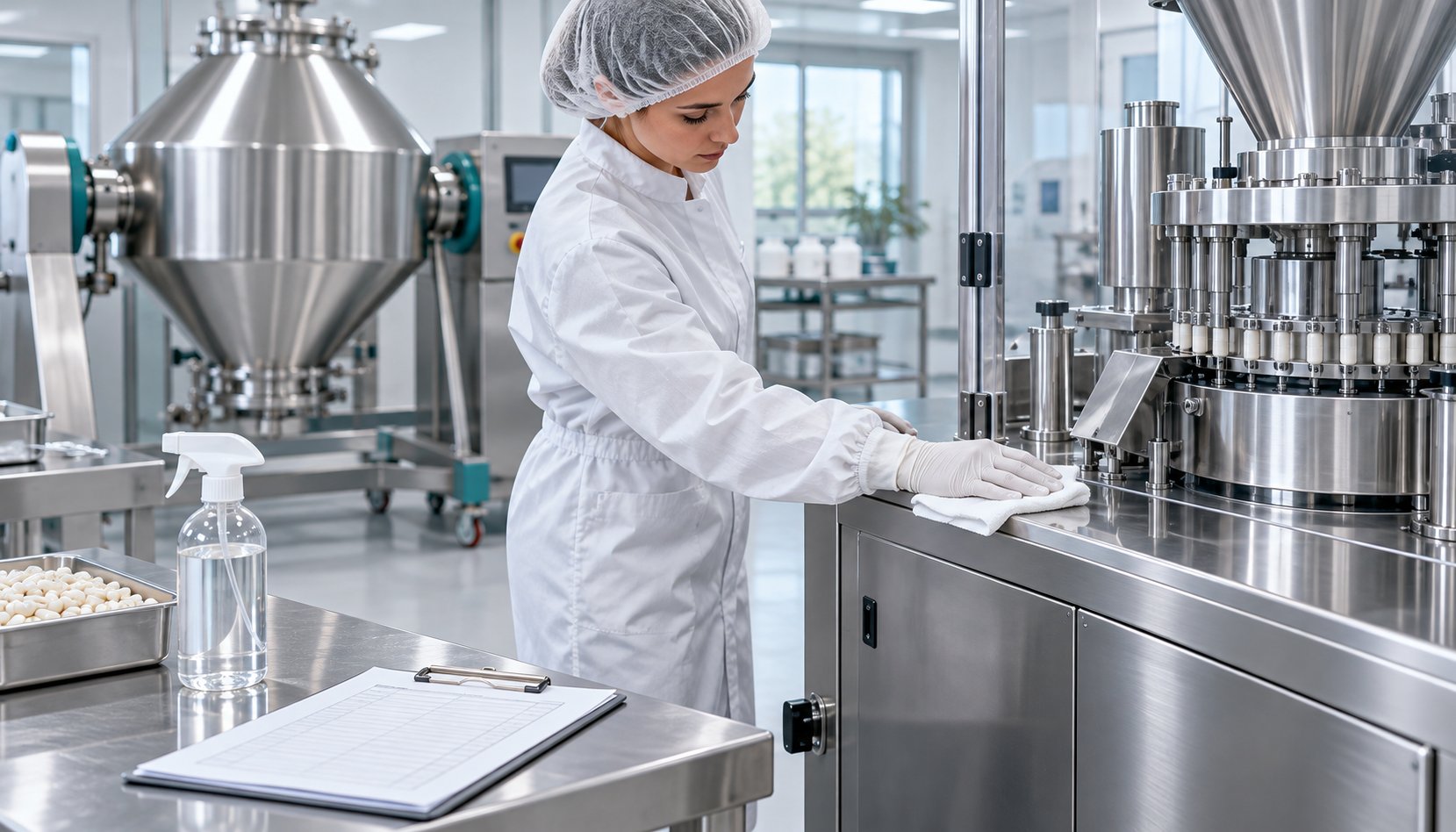 Operatrice addetta alla sanificazione di una linea in acciaio per la produzione di integratori alimentari