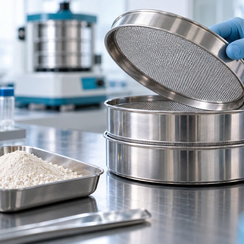 Setacci in acciaio inox e campioni di polveri per il controllo della granulometria degli integratori