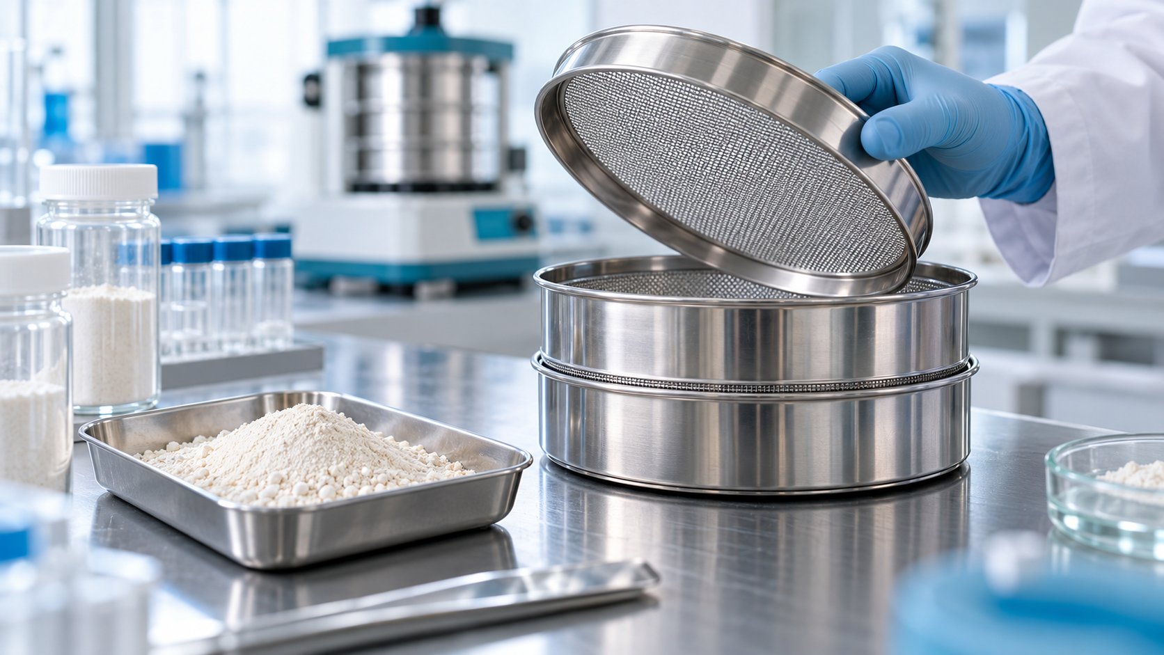 Setacci in acciaio inox e campioni di polveri per il controllo della granulometria degli integratori