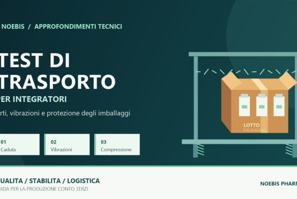 Schema di prova di trasporto: un cartone di integratori su una piattaforma vibrante con indicazione di caduta, vibrazioni e compressione