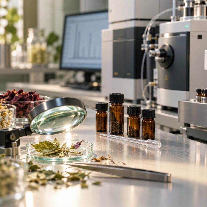 Campioni di erbe botaniche essiccate e vials di laboratorio per analisi di atropina e scopolamina