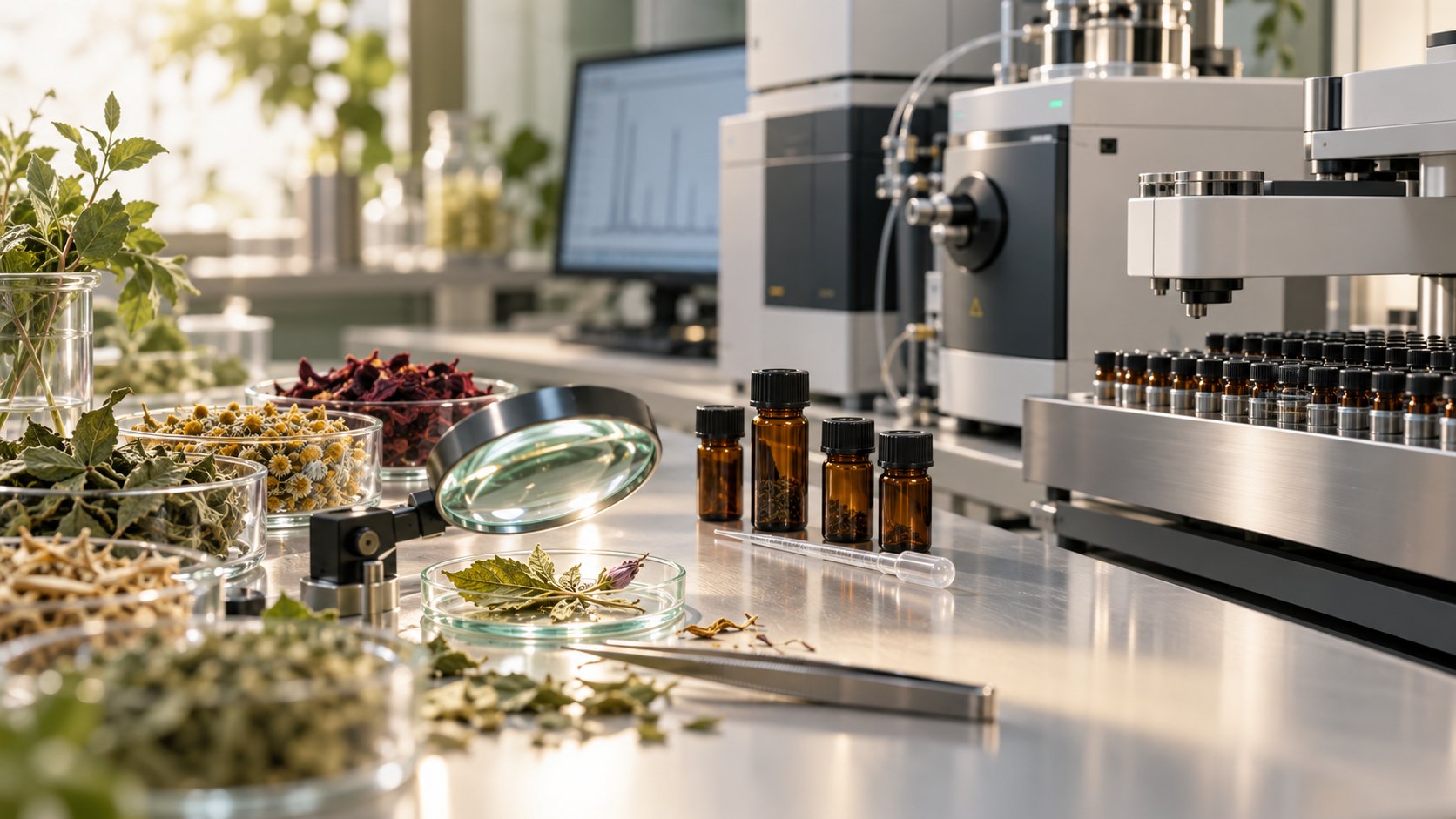 Campioni di erbe botaniche essiccate e vials di laboratorio per analisi di atropina e scopolamina