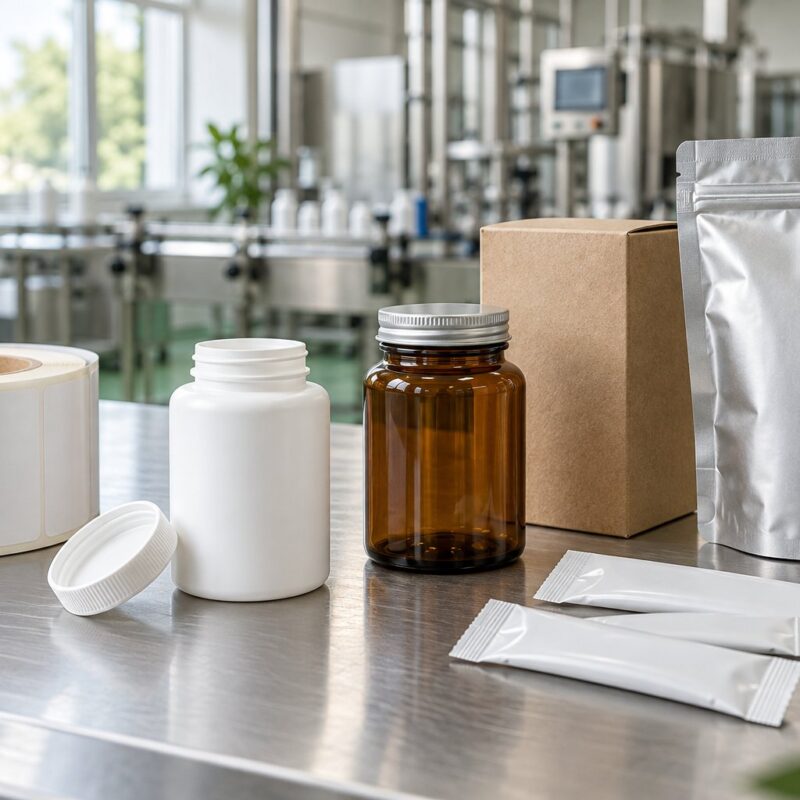 Packaging di integratori: flacone, tappo, etichette, astuccio, doypack e bustine stick su banco tecnico