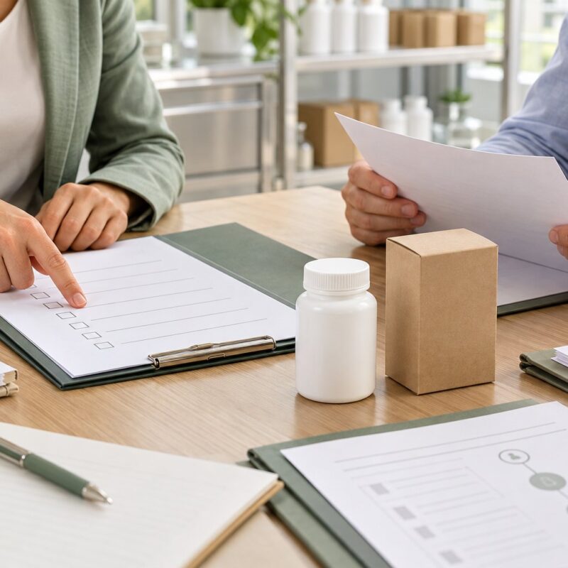 Due professionisti esaminano una checklist qualità e documenti di progetto accanto a flacone e astuccio neutri